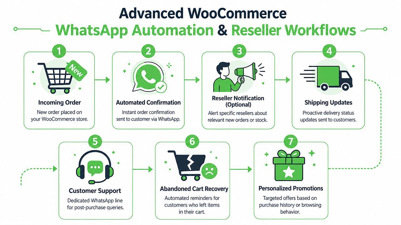 An infographic showing seven stages of an automated WhatsApp workflow for WooCommerce store owners and resellers.