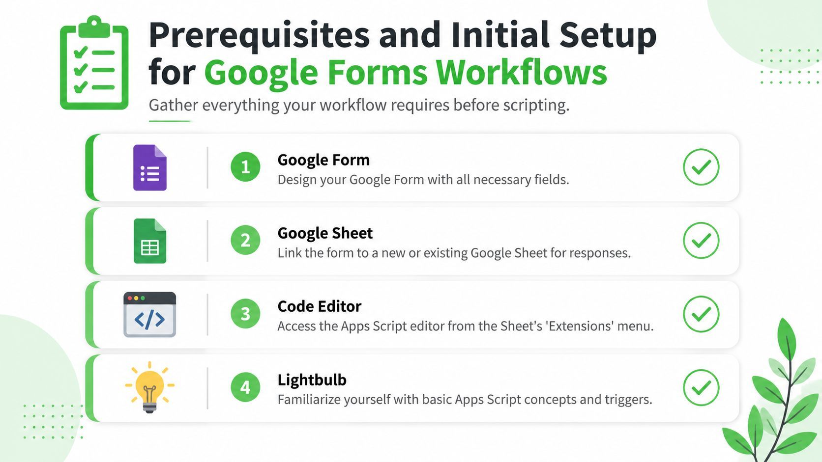 A list showing four essential prerequisites for creating efficient Google Forms workflows before writing any custom scripts.